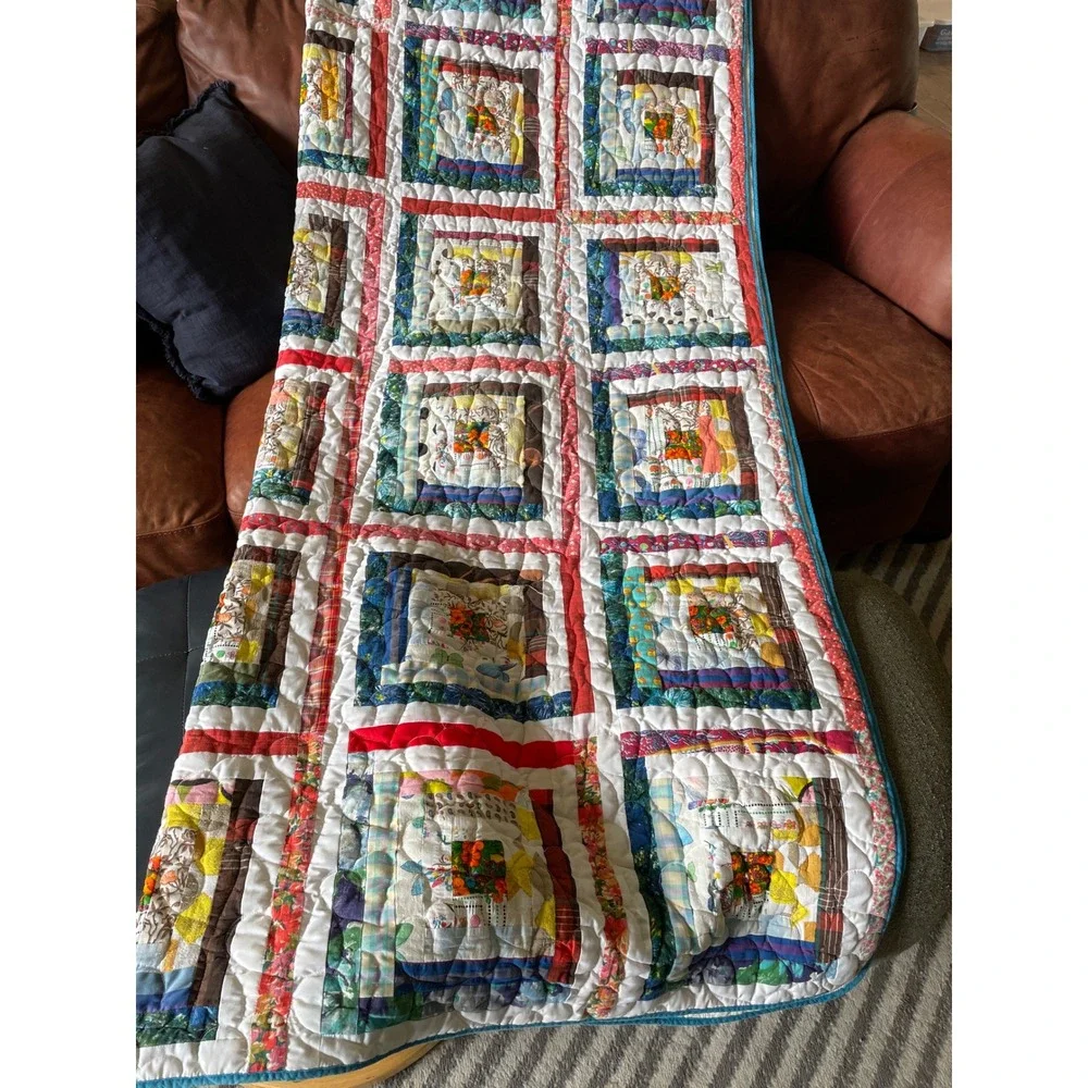 Vintage Handmade Log Cabin Patchwork Quilt Heart Quilted Multicolor 63x88